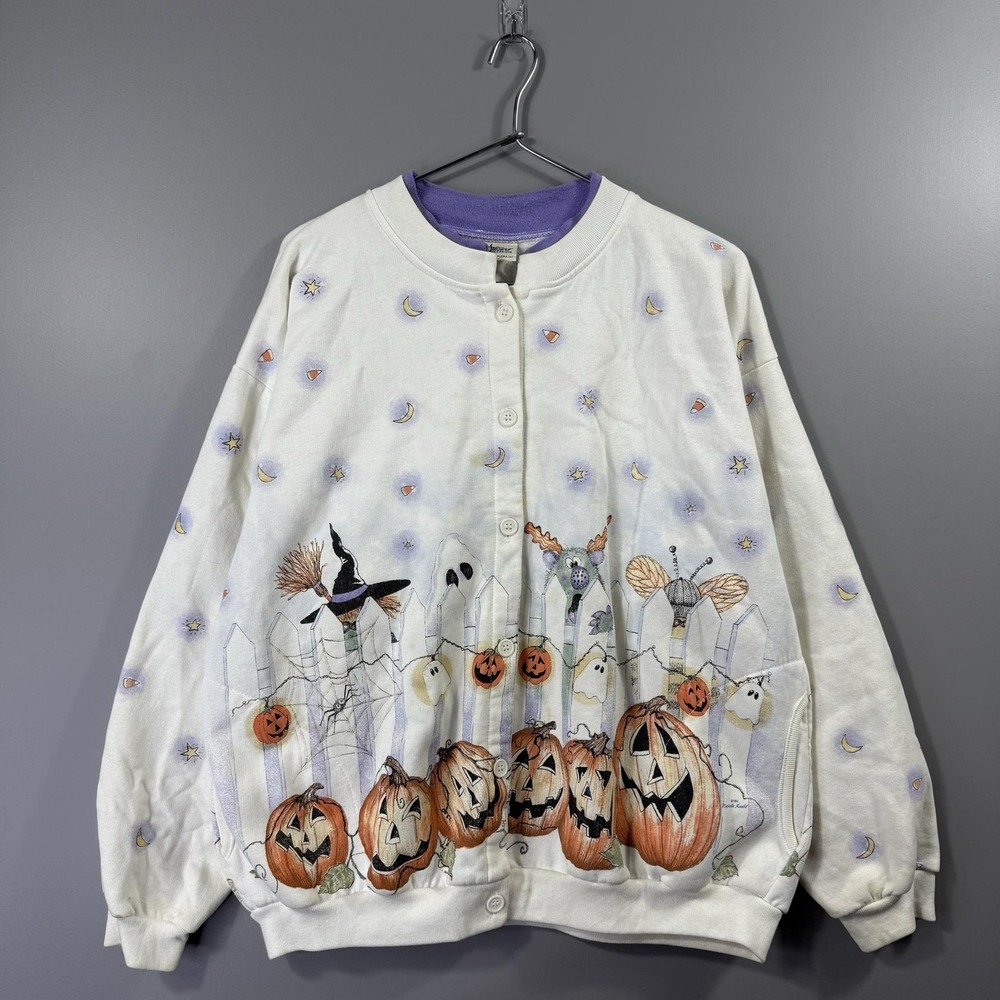 Vintage Artisans SunSchein Sweater Womens Large White Halloween Pumpkin Cardigan